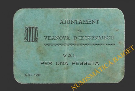 VILANOVA D'ESCORNALBOU (Tarragona) 1 pesseta 1937 