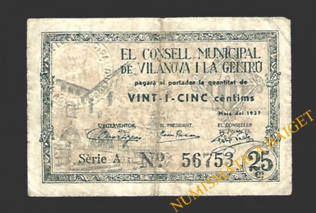 VILANOVA I LA GELTRÚ (Barcelona) 25 cèntims maig del 1937 