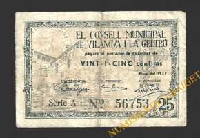 VILANOVA I LA GELTRÚ (Barcelona) 25 cèntims maig del 1937 