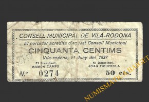 VILARRODONA (Tarragona) 50 cèntims 24 de juny del 1937