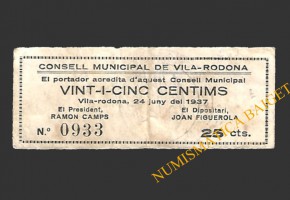 VILARRODONA (Tarragona) 25 cèntims 24 de juny del 1937