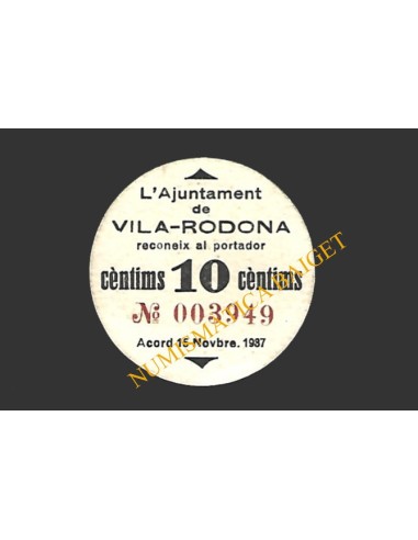 VILARRODONA (Tarragona) 10 cèntims 15 de novembre del 1937