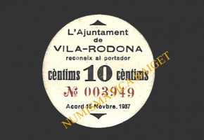 VILARRODONA (Tarragona) 10 cèntims 15 de novembre del 1937
