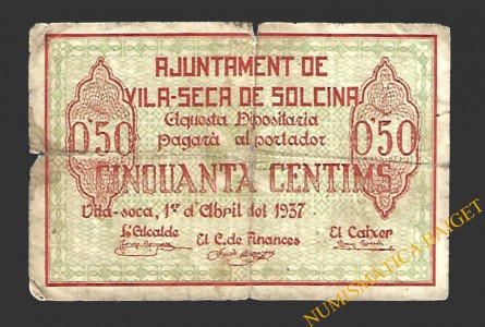 VILA-SECA DE SOLCINA (Tarragona) 50 cèntims 1 d'abril del 1937