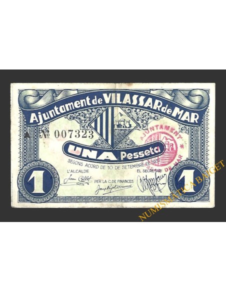 VILASSAR DE MAR (Barcelona) 1 pesseta 10 de setembre del 1937