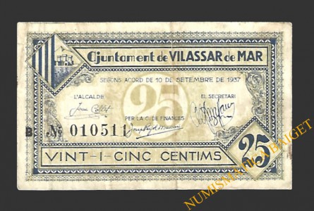 VILASSAR DE MAR (Barcelona) 25 cèntims 10 de setembre del 1937