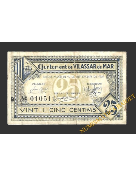 VILASSAR DE MAR (Barcelona) 25 cèntims 10 de setembre del 1937