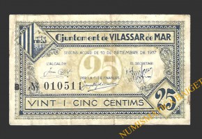 VILASSAR DE MAR (Barcelona) 25 cèntims 10 de setembre del 1937