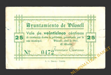 VILOSELL (Lleida) 25 cèntims abril del 1937