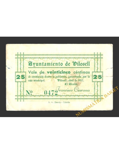 VILOSELL (Lleida) 25 cèntims abril del 1937