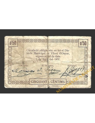 VILOVÍ D'ONYAR (Girona) 50 cèntims 1 de juny del 1937