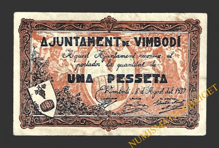 VIMBODÍ (Tarragona) 1 pesseta 8 d'agost del 1937