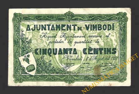 VIMBODÍ (Tarragona) 50 cèntims 8 d'agost del 1937