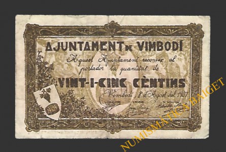 VIMBODÍ (Tarragona) 25 cèntims 8 d'agost del 1937