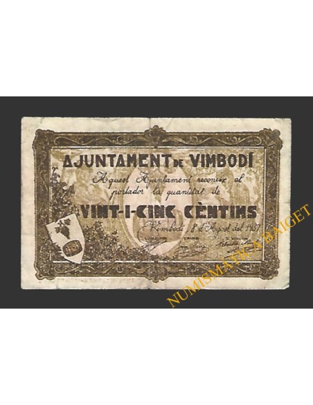 VIMBODÍ (Tarragona) 25 cèntims 8 d'agost del 1937