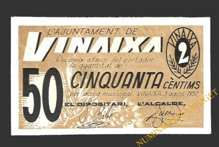 VINAIXA (Lleida) 50 cèntims 3 d'agost del 1937