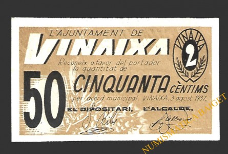 VINAIXA (Lleida) 50 cèntims 3 d'agost del 1937