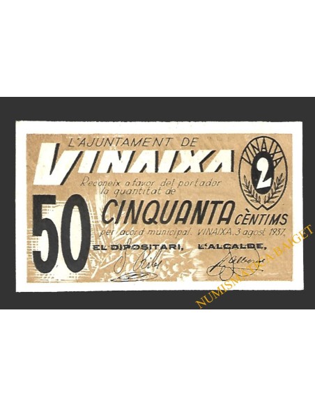 VINAIXA (Lleida) 50 cèntims 3 d'agost del 1937