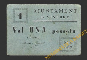 VINEBRE (Tarragona) 1 pesseta 1937
