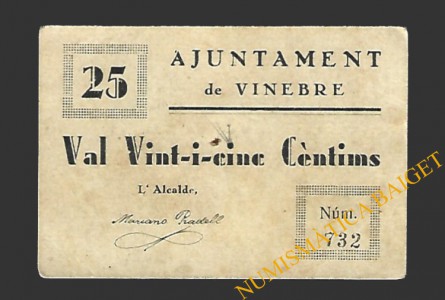 VINEBRE (Tarragona) 25 cèntims 1937