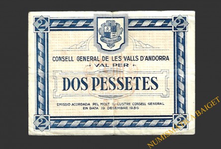 ANDORRA, VALLS D'  2 pessetes 19 de desembre del 1936