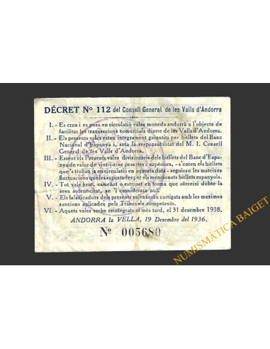 ANDORRA, VALLS D'  1 pesseta 19 de desembre del 1936