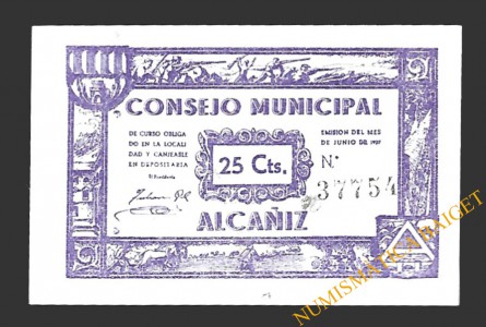 ALCAÑIZ (Teruel) 25 céntimos junio de 1937