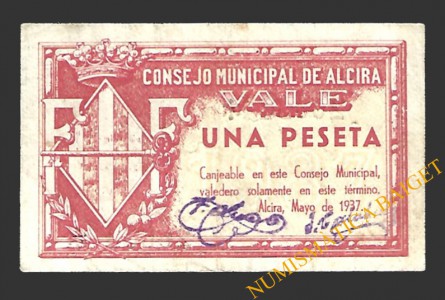 ALCIRA (Valencia) 1 peseta mayo de 1937