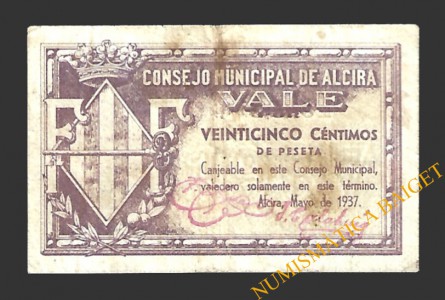 ALCIRA (Valencia) 25 céntimos mayo de 1937