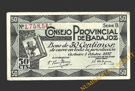 BADAJOZ 50 céntimos, 1 de octubre de 1937
