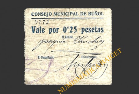 BUÑOL (Valencia) 0'25 pesetas, 1937