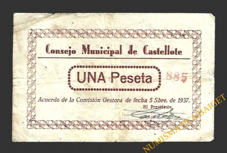 CASTELLOTE (Teruel) 1 peseta, 5 de septiembre de 1937