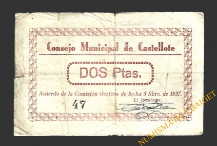 CASTELLOTE (Teruel) 2 pesetas, 5 de septiembre de 1937