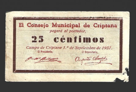 CRIPTANA (Ciudad Real)) 25 céntimos, 1 de septiembre de 1937 (2ª emisión)