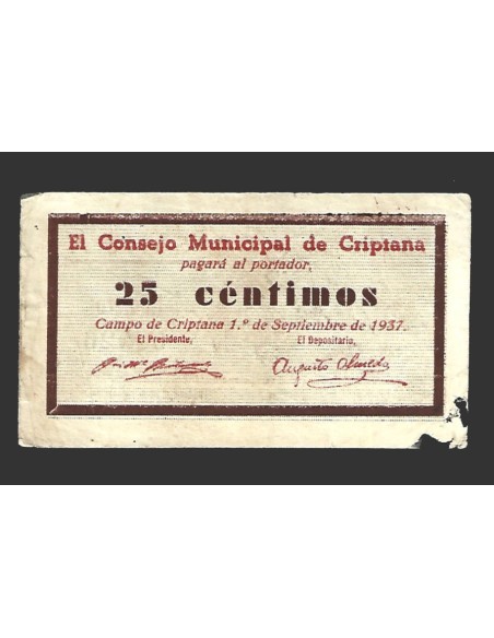 CRIPTANA (Ciudad Real)) 25 céntimos, 1 de septiembre de 1937 (2ª emisión)