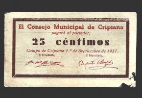 CRIPTANA (Ciudad Real)) 25 céntimos, 1 de septiembre de 1937 (2ª emisión)