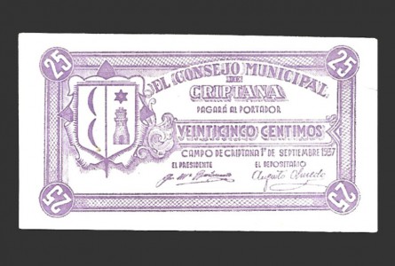 CRIPTANA (Ciudad Real) 25 céntimos, 1 de septiembre de 1937 (3ª emisión)