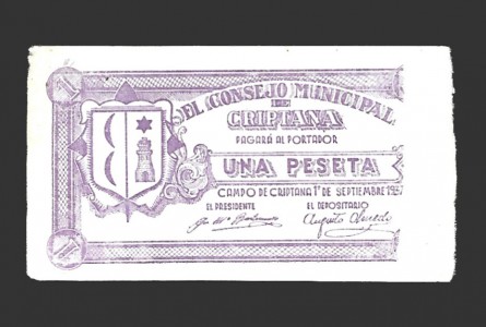 CRIPTANA (Ciudad Real) 1 peseta, 1 de septiembre de 1937 (3ª emisión)