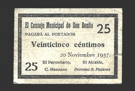 DON BENITO (Badajoz) 25 céntimos,  20 de noviembre  de 1937 