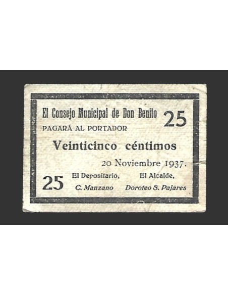DON BENITO (Badajoz) 25 céntimos,  20 de noviembre  de 1937 