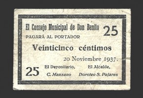 DON BENITO (Badajoz) 25 céntimos,  20 de noviembre  de 1937 