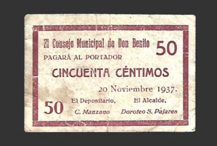 DON BENITO (Badajoz) 50 céntimos,  20 de noviembre  de 1937 