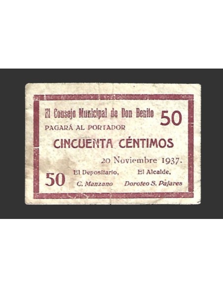 DON BENITO (Badajoz) 50 céntimos,  20 de noviembre  de 1937 