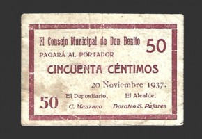 DON BENITO (Badajoz) 50 céntimos,  20 de noviembre  de 1937 