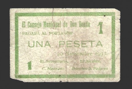 DON BENITO (Badajoz) 1 peseta,  20 de noviembre  de 1937 
