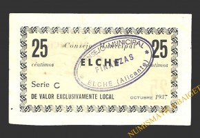 ELCHE (Alicante) 25 céntimos,  15 de octubre de 1937 