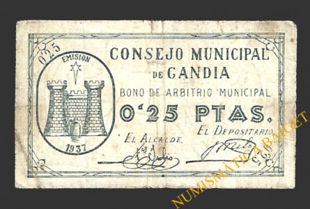 GANDIA (Valencia) 0'25 pesetas, 1937 
