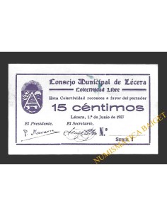 LÉCERA (Zaragoza) 15 céntimos, 1 de junio de 1937 