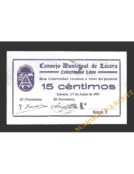 LÉCERA (Zaragoza) 15 céntimos, 1 de junio de 1937 