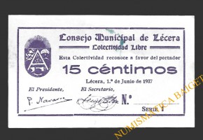 LÉCERA (Zaragoza) 15 céntimos, 1 de junio de 1937 